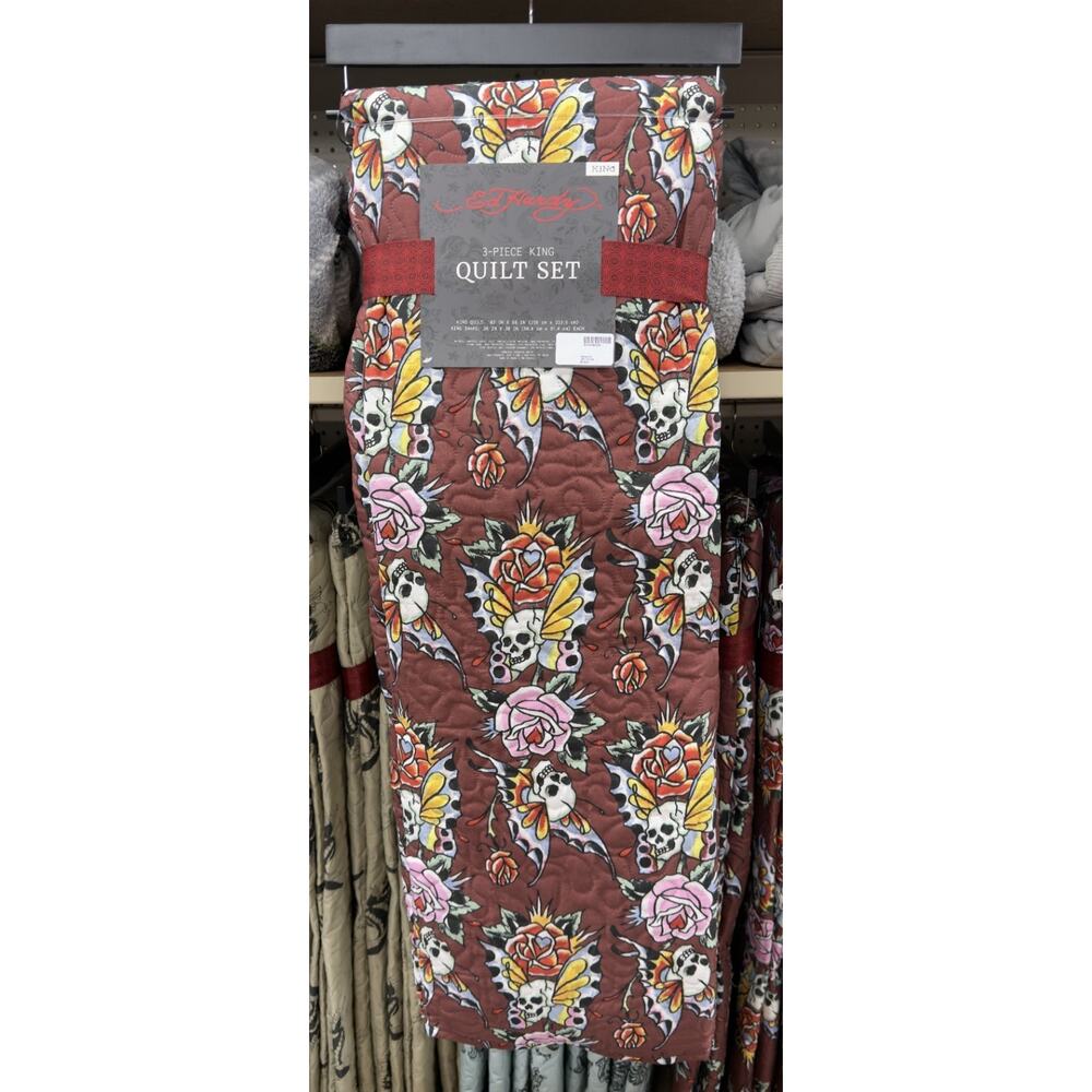 Ed Hardy 3-Piece Maroon Tattoo Skulls/Roses Queen Quilt Set - NEW